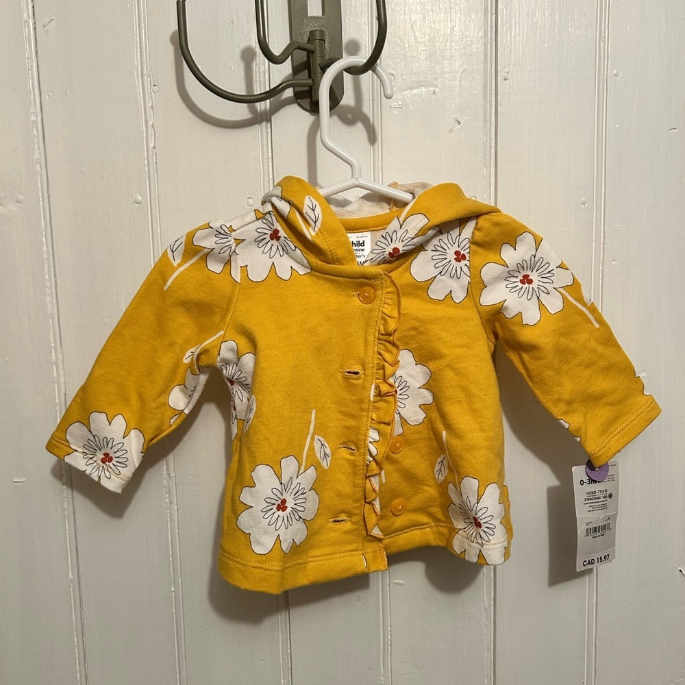 NEW carters 0/3m Yellow & white Floral Baby button up Hooded cardigan